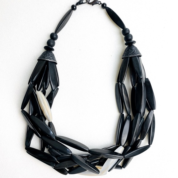 Multi Strand tubular black & ivory beads Statement BOHO Necklace - Picture 2 of 8